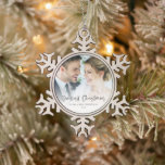 Our First Christmas As Mr Mrs Photo Script Snowflake Pewter Christmas Ornament<br><div class="desc">Our First Christmas As Mr Mrs Photo Script Name and Year. Great keepsake for newlyweds and lovely gift idea too! A modern set script for Our First Christmas and easy to personalise with your name and the year and replace the sample photos on each side with your own favourites. On...</div>