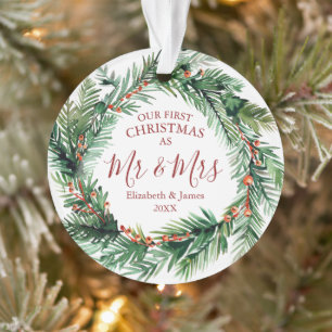 Our First Christmas As Mr & Mrs Photo Wreath Ornament