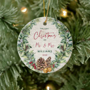 Our First Christmas as Mr & Mrs PIne Wreath Photo  Ceramic Tree Decoration