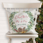 Our First Christmas as Mr & Mrs Pine Wreath Photo Cushion<br><div class="desc">Celebrate your First Married Christmas with this beautiful festive holiday design throw pillow. It features a watercolor holiday wreath comprised of snow berries, pine cones and sprigs, red berries and faux bronze bells, on a natural looking faux birch bark background. "Christmas" and Mr. & Mrs." are printed in festive red...</div>