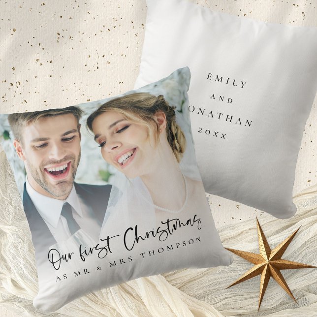 Our First Christmas As Mr Mrs Script Photo Cushion (Front and back view)