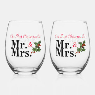 Our First Christmas As Mr. & Mrs, Stemless Wine Glass