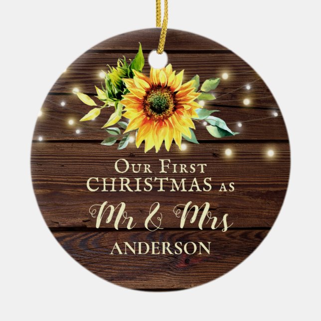 Our First Christmas as Mr & Mrs Sunflower Wood Ceramic Tree Decoration (Front)