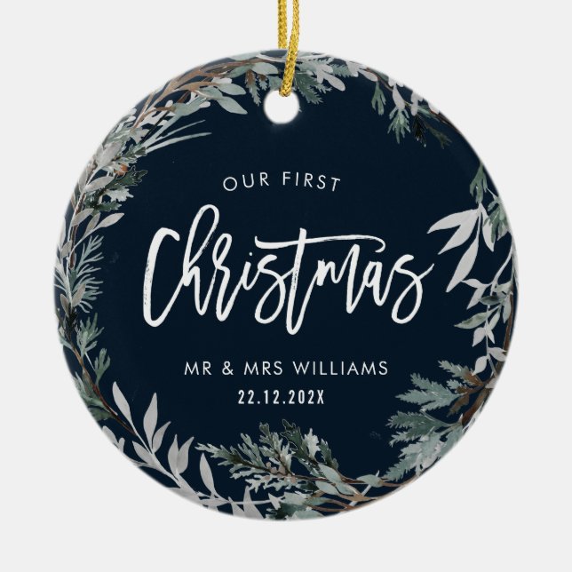 our first christmas as mr. & mrs. winter wreath ceramic tree decoration (Front)