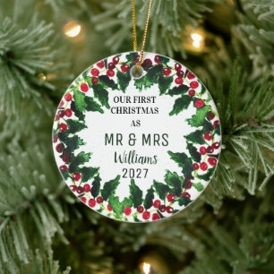 Our First Christmas as MR & MRS Wreath Rustic Ceramic Tree Decoration