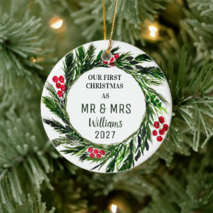 Our First Christmas as MR & MRS Wreath Rustic Ceramic Tree Decoration