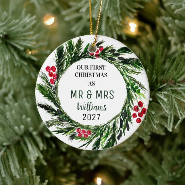 Our First Christmas as MR & MRS Wreath Rustic Ceramic Tree Decoration (Tree)