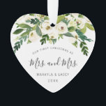 Our First Christmas as Mrs. and Mrs. Photo Lesbian<br><div class="desc">Did you get married this year? Add a memory to your tree with this elegant floral wedding keepsake ornament featuring a top border comprised of hand painted white roses and greenery and the message, "Our First Christmas as Mrs. and Mrs." in a lovely handwritten script font. Use the template to...</div>