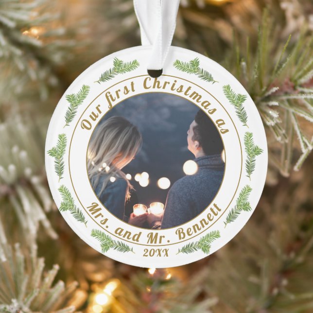 Our First Christmas as Mrs. & Mr. Script Photo Ornament (Tree)