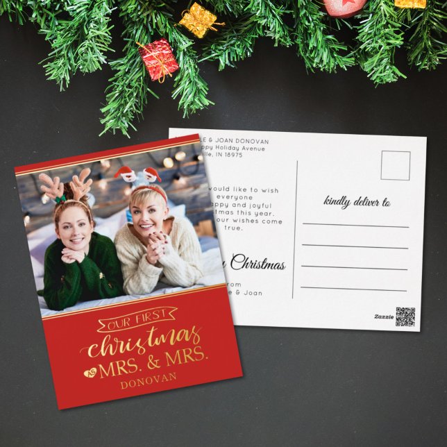 Our first Christmas as mrs & mrs newlyweds gold Fo Foil Holiday Postcard (Creator Uploaded)