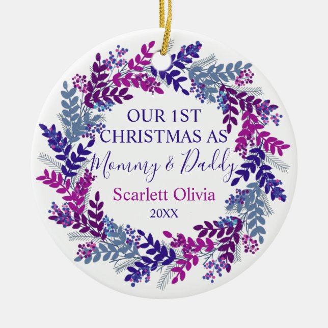 Our First Christmas As Mummy Daddy Baby Wreath Ceramic Tree Decoration (Front)