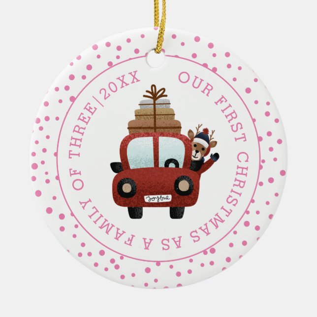 Our first Christmas as parents car pink photo Ceramic Tree Decoration (Front)