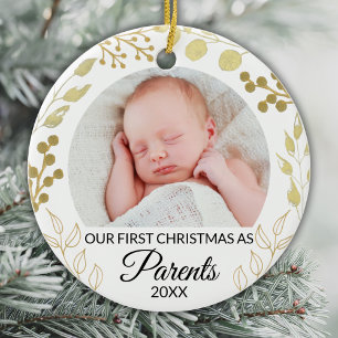 Our First Christmas As Parents Photo Gold Foliage Ceramic Tree Decoration