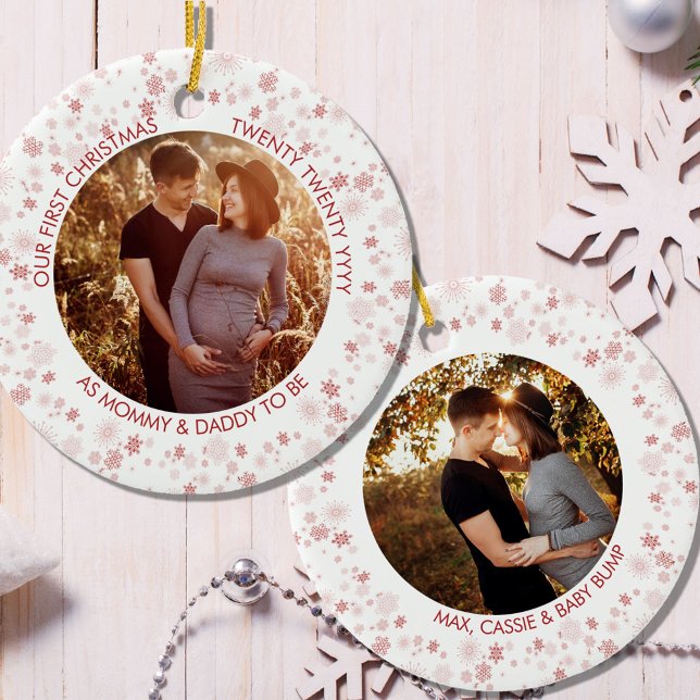 Our First Christmas as | Red Ditsy Snowflake Photo Ceramic Tree Decoration (Creator Uploaded)