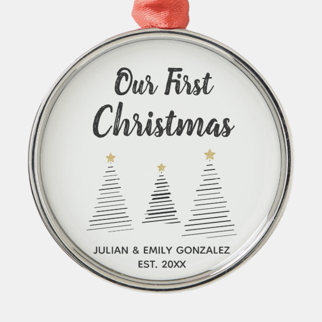 Our First Christmas Black and White Elegant Trees Metal Tree Decoration (Front)