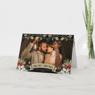 Our First Christmas Black Gold Newlywed Photo Holiday Card