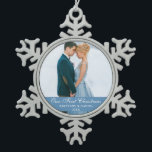 Our First Christmas Blue Couple Photo Snowflake Pewter Christmas Ornament<br><div class="desc">Our First Christmas Couple Photo Blue Snowflake Pewter Christmas Ornament</div>