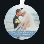 Our First Christmas Blue Wedding Photo Ornament<br><div class="desc">Our First Christmas Wedding Photo Blue Ornament with Snowflakes back.</div>