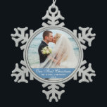 Our First Christmas Blue Wedding Photo Snowflake Pewter Christmas Ornament<br><div class="desc">Our First Christmas Wedding Photo Blue Snowflake Pewter Christmas Ornament</div>
