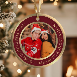 Our First Christmas Burgundy and Faux Gold Photos Ceramic Tree Decoration