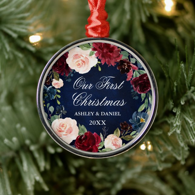 Our First Christmas Burgundy Blue Floral Wreath Metal Tree Decoration (Tree)
