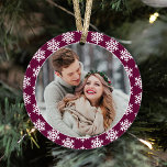 Our First Christmas Burgundy Snowflake Photo Ornament<br><div class="desc">This modern holiday keepsake ornament features a photo of the newlywed couple on the front framed by a burgundy / wine red border color with contrasting pattern of white winter snowflakes. The back of the design includes the same color scheme with "Our First Christmas" wording and a custom monogram of...</div>