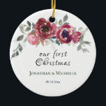 Our First Christmas Christian Floral Wedding Ceramic Tree Decoration<br><div class="desc">Beautiful floral wedding Our First Christmas ceramic ornament depicts elegant romantic hand-painted watercolor flowers in blush pink,  burgundy and soft grey greenery shades. Front features names and date. The back has Bible Verse 1 Corinthians 13:13,  "And now abide faith,  hope and love,  but the greatest of these is love."_</div>
