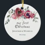 Our First Christmas Christian Floral Wedding Ceramic Tree Decoration<br><div class="desc">Beautiful floral wedding Our First Christmas ceramic ornament depicts elegant romantic hand-painted watercolor flowers in blush pink,  burgundy and soft grey greenery shades. Front features names and date. The back has Bible Verse 1 Corinthians 13:13,  "And now abide faith,  hope and love,  but the greatest of these is love."_</div>