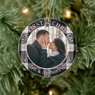 Our First Christmas Couple 2 Photos Plaid Ceramic Tree Decoration