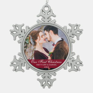 Our First Christmas Couple Photo Burgundy Snowflake Pewter Christmas Ornament