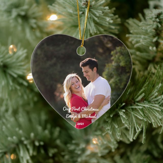 Our First Christmas Couple Photo Ceramic Ornament (Tree)