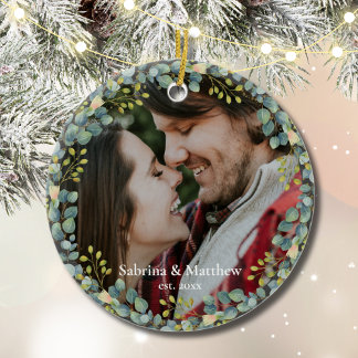 Our First Christmas Couple Photo Greenery Wreath Ceramic Tree Decoration