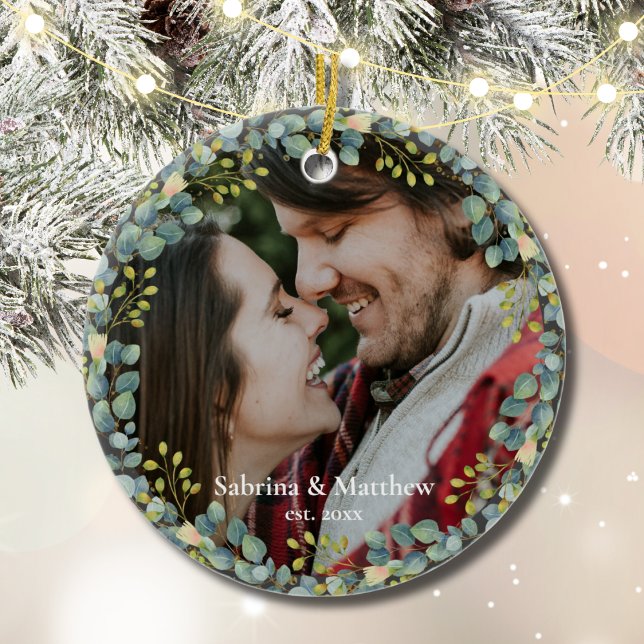 Our First Christmas Couple Photo Greenery Wreath  Ceramic Tree Decoration (Our First Christmas Married Engaged Couple Photo Christmas Ornament Keepsake)