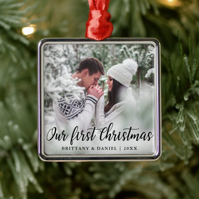 Our First Christmas Couple Photo Metal Tree Decoration (Tree)