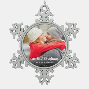 Our First Christmas Couple Photo Modern SF Snowflake Pewter Christmas Ornament