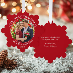 Our First Christmas Couple Photo Red Tree Decoration Card