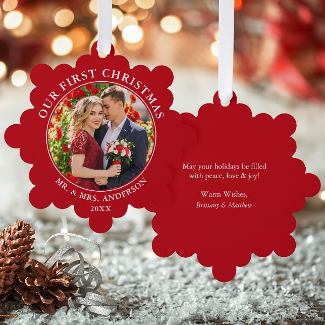Our First Christmas Couple Photo Red Tree Decoration Card (A greeting card that is also an ornament! Customize with your photo and personalized text.)