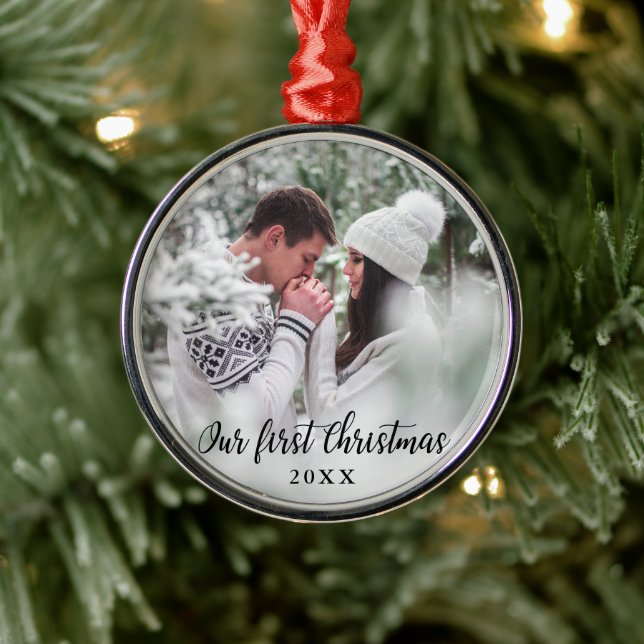 Our First Christmas Couple Photo Round Metal Tree Decoration (Tree)