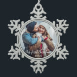 Our First Christmas Couple Photo Script Snowflake Pewter Christmas Ornament<br><div class="desc">Elegant Script Our First Christmas Couple Photo Ceramic Ornament</div>