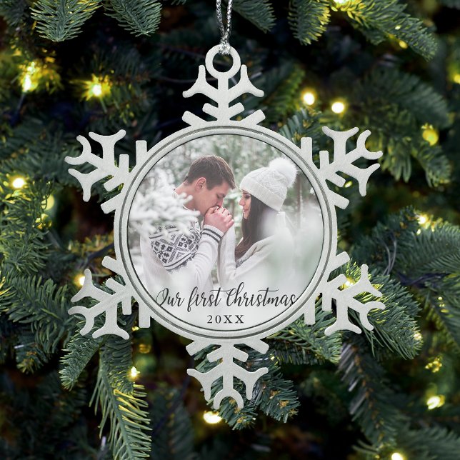 Our First Christmas Couple Photo Snowflake Pewter Christmas Ornament (First Christmas Ornament. Customize with your names.)