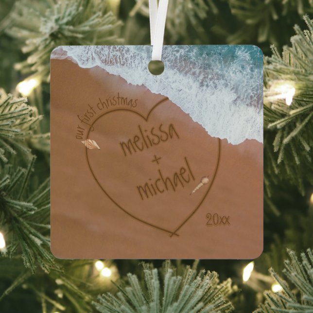 Our First Christmas Couple's Names Beach Dated Metal Tree Decoration (Insitu)