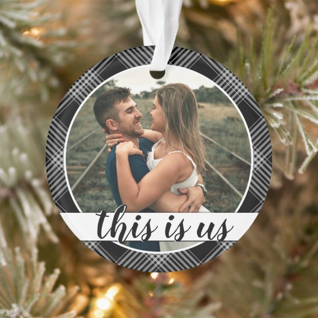 Our First Christmas Couple's Photo Black Plaid Orn Ornament (Tree)