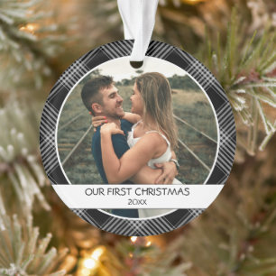 Our First Christmas Couple's Photo Black Plaid Ornament