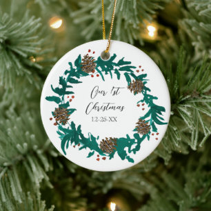 Our First Christmas Custom Date Wreath Sticker Ceramic Tree Decoration