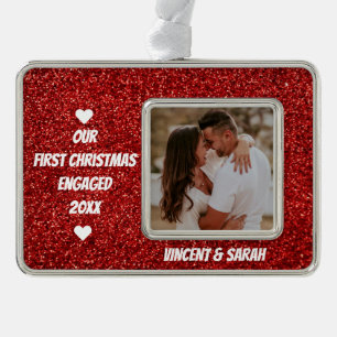 Our First Christmas Custom Photo and Name Glitter Silver Plated Framed Ornament