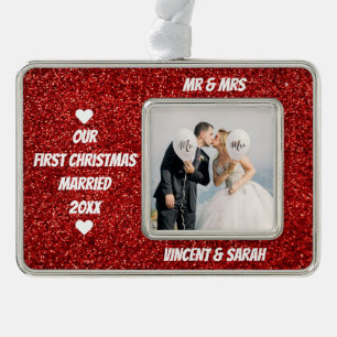 Our First Christmas Custom Photo and Name Glitter Silver Plated Framed Ornament