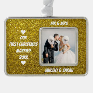 Our First Christmas Custom Photo and Name Glitter Silver Plated Framed Ornament