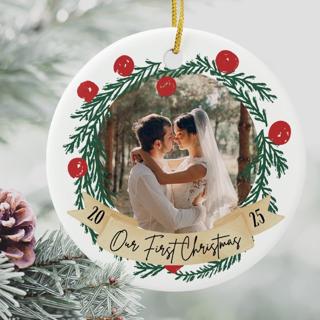 Our First Christmas Custom Photo Couples Picture Ceramic Tree Decoration (Our First Christmas Photo Ornament, Personalized Custom New Couples Picture Newlywed Gift Keepsake)