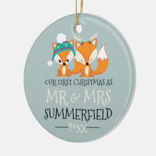 Our First Christmas Cute Red Foxes Personalised Ceramic Tree Decoration