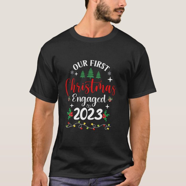 Our First Christmas Engaged 2023 Pyjamas Couples M T-Shirt (Front)